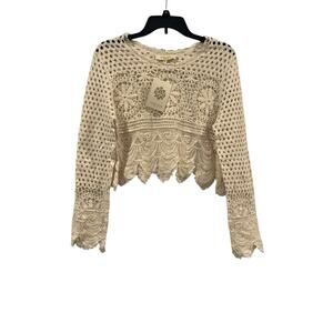 NWT Rebellion Cream Cotton Knit Crochet Crop Top: Size M Boho Fringe